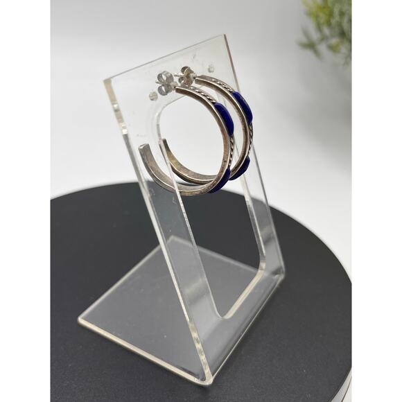 Blue Lapis Lazuli Inlay Vintage Sterling 925 Rope channel Hoop Pierced Earring - Picture 3 of 7